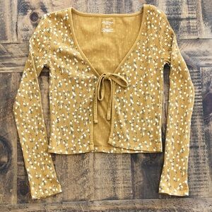 Arizona Jean Company Mustard Ribbed Tie-Front Floral Long Sleeve Crop top
